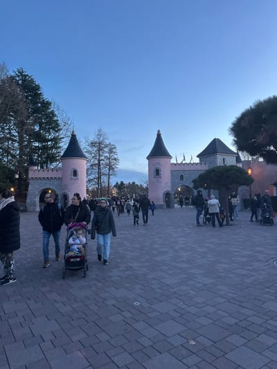 A crowd of people is gathered near a pink castle with blue-gray turrets. The sky is a clear blue, tinged with the colors of dusk. Several trees are visible around the castle. In the foreground, families with strollers stroll along a brick walkway. The overall scene conveys a sense of leisure and tourism in a fairytale setting.