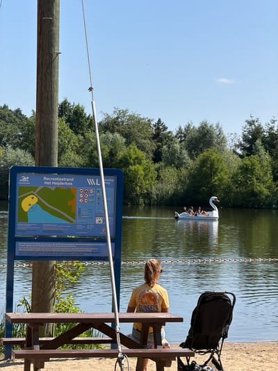 An outdoor scene at Recreational Beach Het Heijderbos in Heijen, Netherlands. A wooden picnic table is in the foreground, with a black stroller to its right. A young woman with blonde hair pulled back in a ponytail is sitting on the right side of the picnic table, facing the lake. She is wearing a yellow t-shirt with the text "FOREVER CHASING SUNSETS" and sunglasses. In the middle ground, a white swan-shaped paddle boat with four people is on the lake. In the background, lush green trees and vegetation surround the lake, under a clear blue sky. A large informational signpost is positioned to the left of the picnic table, displaying a map and various regulations. A metal pole with wires is also visible in the foreground.