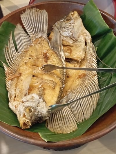 Two whole, golden-brown, deep-fried fish are presented on green banana leaves inside a round, reddish-brown ceramic serving bowl. The fish are positioned diagonally, with their heads pointed towards the lower left and their tails towards the upper right. Both fish display intact fins and tails, characteristic of being fried whole. A pair of silver-colored metal serving tongs rests across the midsections of the fish. The immediate environment suggests an indoor dining or serving area, with a light-colored surface visible beneath and around the bowl. This scene is located in Kajar, Indonesia. No individuals are present in the image.