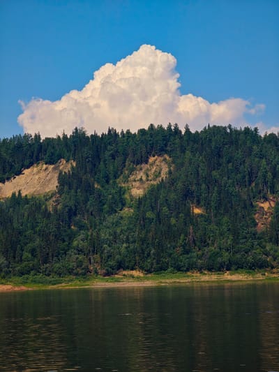 The image depicts a scenic view of the Angara River in Bor, Russia. A lush, green forest blankets a steep, wooded embankment that rises from the river's edge. The embankment is characterized by patches of exposed earth and rock, suggesting a natural, rugged terrain. Above the trees, a dramatic, billowing white cloud dominates the clear blue sky, casting a soft glow on the landscape. The river itself is calm, with gentle ripples reflecting the sky and the surrounding greenery. No people or man-made structures are visible, emphasizing the pristine, natural beauty of the location.