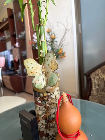 The image shows a decorative arrangement likely indoors. The arrangement includes green stalks resembling bamboo, adorned with a butterfly ornament. This rests on a bed of small pebbles inside a reflective container. A gourd-shaped object with red string is positioned near the pebbles. A small black object with the word "FOCUS" printed on it is also visible. The background shows a wall with a floral design and glimpses of furniture. There is no indication that this photo was taken in Holon, Israel.