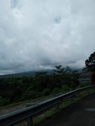 The image depicts an exterior landscape scene in Serpang Shalli, Bhutan. In the lower foreground, a silver metallic guardrail angles upwards from left to right, bordering a dark asphalt road with sparse green vegetation. The midground features a dense, dark green forest covering a descending slope, obscuring much of the terrain. Towards the right side of the midground, a multi-story grey building with a dark, possibly tiled roof and multiple windows is partially visible amidst the trees. The background consists of undulating, tree-covered mountains, appearing hazy or mist-shrouded. The sky above is largely covered by extensive, grey overcast clouds, with a small, irregular patch of lighter blue sky visible through an opening in the upper left quadrant. No individuals or specific actions are observed within the frame.