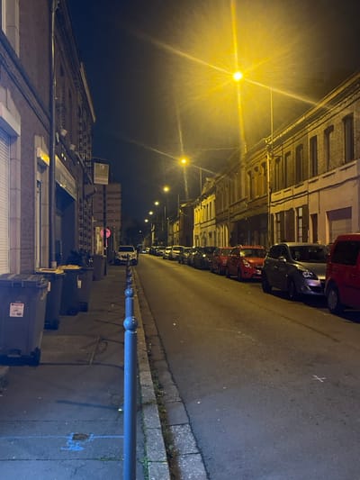 The image captures a quiet residential street at night, likely in an urban or suburban area such as Villeneuve-d'Ascq, France. The street is lined with multi-story buildings on both sides, their facades dimly lit by artificial light. Numerous cars are parked bumper-to-bumper along the right side of the street, stretching into the distance.
The primary light sources are several warm yellow streetlights, which emit strong, starburst-like lens flares, illuminating the asphalt road and parts of the buildings. A row of blue, ball-topped bollards runs along the right side of the street, separating the roadway from the sidewalk or a parallel parking area. On the left side of the street in the foreground, dark grey trash bins are visible on the sidewalk; one features a white label with the number "8" prominently displayed.
No people are visible, contributing to the tranquil and deserted atmosphere of the night scene. The sky is dark and clear, indicating fair weather. In the distance, a red circular sign with a white horizontal stripe, typically indicating "no entry" or a similar traffic restriction, can be vaguely discerned. White 'X' markings and some blue lines are visible on the asphalt in different sections of the road. The architecture and parked vehicles are consistent with a European setting.