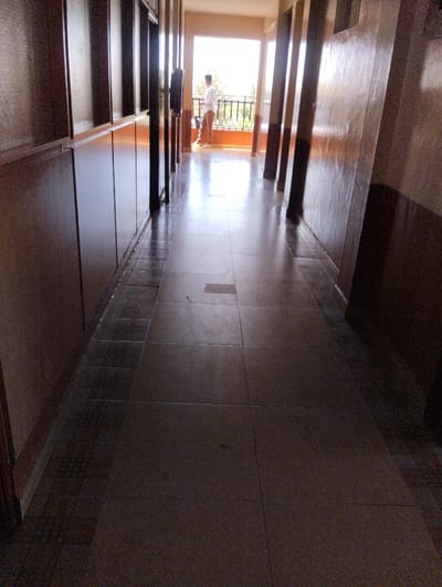 A long, dimly lit indoor hallway extends towards a brightly illuminated outdoor balcony. The floor is tiled with light brown and grey squares, featuring a darker, patterned tile border along the base of the left wall. The left wall is lined with dark, horizontally segmented wooden paneling or cabinetry. The right wall displays a darker brown wainscoting below a lighter upper section, interrupted by multiple dark vertical pillars or doorframes. A section of the right wall exhibits a distinct reflective sheen.
At the far end of the hallway, an open archway leads to an outdoor balcony area. A single male individual is present on this balcony, viewed from behind. He is wearing a white long-sleeved shirt and light brown trousers, standing and looking outwards over a dark metal railing that is situated above an orange-colored ledge. A dark, rectangular, mounted object is visible on the left wall near the entrance to the balcony. Beyond the railing, hints of green vegetation are discernible under a bright sky. The location is Thika Township ward, Kenya.