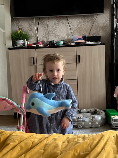 An interior scene, identified as Kurganovo, Russia, features a young child, approximately a toddler, positioned centrally, looking directly at the camera. The child has light, disheveled hair and wears a blue long-sleeved patterned shirt. They hold a light blue and white plush dolphin toy by a white string in their right hand, extending it towards the viewer. To the child's left, a pink toy stroller handle is partially visible. On the floor to the child's right, a gray pet bed with paw print patterns is situated next to a green and white toy garbage truck. The immediate foreground is dominated by a yellow quilted blanket. In the background, a light wood-toned cabinet stands beneath a wall-mounted black flat-screen television. The cabinet's surface displays an artificial potted plant containing a small owl figurine, a white nasal spray bottle, and various other objects. The wall behind is covered with light-patterned wallpaper, from which several black and white cables descend.