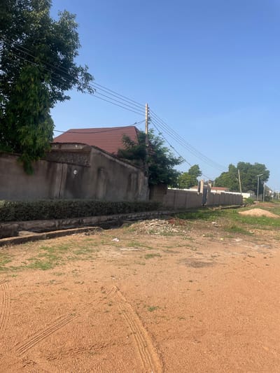 This media file depicts an outdoor scene in Wauro Jabbe, Nigeria, likely during the daytime due to the clear blue sky. The image is oriented vertically.

The foreground features a dirt path with tire tracks, suggesting it's a road or a heavily trafficked area. To the left, a concrete wall runs along the edge of a property, bordered by a narrow, overgrown drainage ditch. Behind the wall, a house with a reddish-brown tiled roof is visible, with a section of its grey, textured wall showing. A dense green tree stands in front of the house. Electrical wires are strung across the scene, supported by a utility pole. Beyond the house, more concrete block walls and scattered trees indicate a residential or developed area.

The overall impression is of a semi-rural or developing urban environment, with a mix of construction and natural elements. The clear sky suggests fair weather. There is no discernible text in the image. The scene appears to be quiet, with no people or active events taking place.