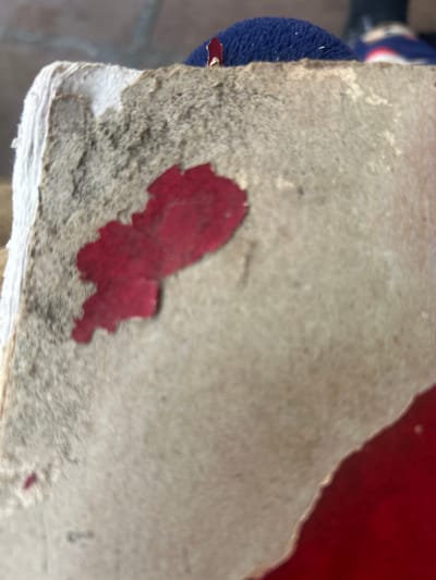 The image shows a close-up, blurry view of a rough, textured surface, possibly cardboard or wood, with peeling red paint and some dark gray or black material embedded in it. There is also a hint of a blue fuzzy object in the upper right corner, which could be fabric. The surface appears worn and damaged. The image does not contain any identifiable landmarks or features that would allow for its location in Tacarigua, Venezuela, or any other specific location. The scene is static and does not depict any people, actions, or interactions.