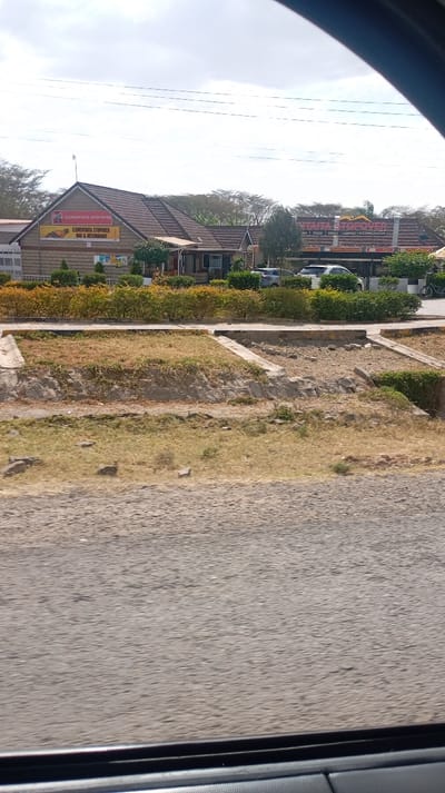 A roadside view shows two buildings identified as "Elementaita Stopover Bar & Restaurant" and "Naivasha Stopover." A concrete ditch separates the buildings from the foreground, featuring dry grass and an asphalt road. Cars are visible parked in front of the establishments. A cloudy sky is overhead, and the image appears to be taken from inside a vehicle, with a portion of the car's interior visible at the bottom.