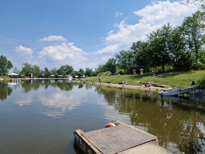The image depicts a waterfront scene, possibly a fishing lake or recreational area, on a sunny day. In the foreground, a concrete platform with a metal surface juts into the water. The water itself is dark and reflects the sky and surrounding trees. Along the far bank, there are several small white structures, some with green umbrellas, and a grassy slope dotted with trees. A few people are visible on the grassy area, some sitting and others standing. One person is standing near the water's edge, and two people are sitting on the grass in the mid-ground. A small light-colored boat is docked on the right side of the frame. In the background, a line of trees forms a dense green backdrop, and power lines crisscross the sky, which is blue with scattered white clouds. The overall impression is one of a calm, possibly rural or semi-rural recreational spot.