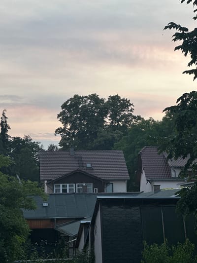 The image captures a residential area in Bad Blankenburg, Germany, under a twilight sky. The scene is dominated by the rooftops of several houses, characterized by their terracotta-colored tiles. In the foreground, a dark, shed-like structure with a corrugated roof is visible. Behind this, the roof of a light-colored building with a green, slanted roof and a wooden element can be seen. Further back, a larger house with a dark brown tiled roof features multiple windows on its upper level, and a small dormer window. To the right of this house, another building with a similar brown tiled roof is partially visible. A dense canopy of mature trees forms a backdrop to the houses, with their dark green foliage creating a stark contrast against the soft, pastel hues of the evening sky. A tall, slender tree with sparse foliage stands to the left, while a large, leafy tree dominates the right side of the frame. The overall atmosphere is one of a quiet, suburban setting at dusk.