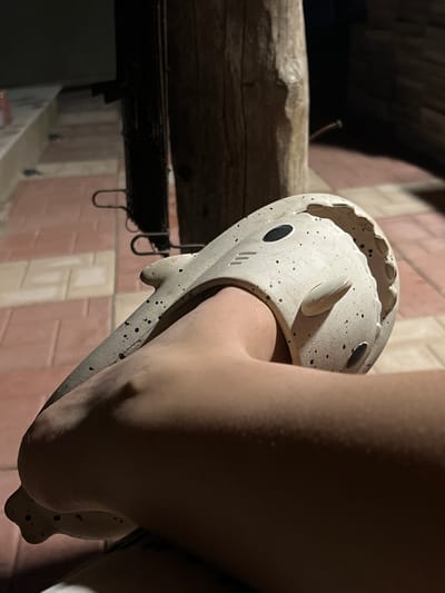 The scene is located in Debelt, Bulgaria. The image depicts a dimly lit environment, characteristic of evening or night conditions, illuminated by an off-camera light source creating defined shadows.

A human left arm and foot are prominently positioned in the foreground. The foot is inserted into a light-toned sandal, designed to resemble a shark, featuring dark speckled markings, black circular eye details, and three-dimensional fin-like elements on its upper surface. The sandal's texture appears granular.

In the mid-ground, a substantial, vertically oriented wooden pillar with textured bark is visible on the right. Immediately to its left and slightly behind it, a dark metal structure featuring two visible U-shaped hooks is present.

The ground surface consists of a patterned arrangement of reddish-brown and lighter rectangular tiles. Further background elements include a dark, vertical surface on the far right and a light-colored, flat surface on the far left, possibly a step or bench. No direct actions or interactions are discernible beyond the placement of the foot within the sandal.