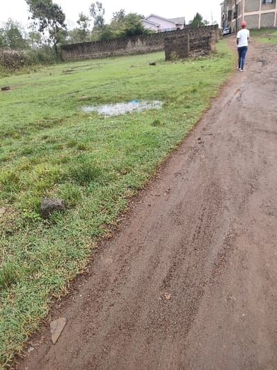 The image depicts an outdoor scene in Juja ward, Kenya, featuring a dirt path bordering a grassy field under an overcast sky. A single individual, seen from behind, walks away from the viewer on the unpaved, reddish-brown dirt path. This person wears a white t-shirt, blue jeans, and a red baseball cap. The dirt path shows evidence of recent moisture. To the left of the path, a green grassy field extends, containing a significant puddle of standing water reflecting the sky. Blue plastic debris is partially submerged in this puddle. A dark grey rock is positioned on the edge of the grass near the foreground, with a smaller, light-colored triangular piece of debris on the path's immediate edge. In the midground, a dark grey cinder block wall stretches across the frame, appearing partially damaged or incomplete in one section. Behind this wall, a light pink building with a dark roof is visible. Further right in the background, a multi-story residential building, light brown or grey, with exposed concrete features, stands uphill. A white vehicle is parked near this building. Mature trees line the distant background on the left.