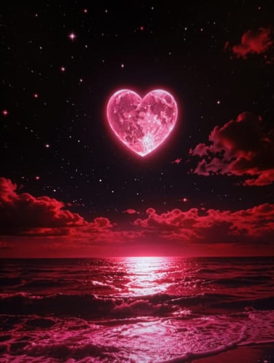 The image depicts a surreal night sky over an ocean, with a heart-shaped moon glowing brightly. The sky is filled with numerous stars and wispy, reddish clouds. The ocean surface reflects the light from the moon and a bright, central light source, creating a shimmering effect on the waves. The overall color palette is dominated by deep reds and pinks, creating a romantic and ethereal atmosphere. There are no people, structures, or specific landmarks visible that would indicate a location within the city of Semey, Kazakhstan. The scene is purely fantastical.