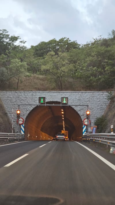 This image captures a view from a car driving on a road leading into a tunnel. The tunnel entrance is made of stone, and the road is asphalt with a white line marking the lane. The sky is overcast, suggesting a cloudy or rainy day.
Traffic lights are visible outside the tunnel, with the top light displaying an orange signal, and two green arrow lights indicating the lanes are open. Inside the tunnel, lights are strung along the ceiling, illuminating the passage. A car is visible ahead of the camera, its brake lights illuminated.
On the right side of the road, a metal guardrail runs along the edge. There are also road signs visible, including a circular sign with a red border and a number "100" inside, likely indicating a speed limit. Another sign with blue and white diagonal stripes is also present. On the left side of the road, trees and vegetation line the embankment. The image appears to be taken during the day, given the visibility and the lighting conditions.
The scene suggests the car is about to enter the tunnel, with traffic signals and signs guiding the way. The location is identified as Morata de Jalón, Spain.