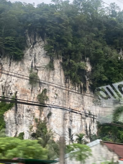 The image shows a steep, light-colored cliff face covered in greenery. The view is likely from a moving vehicle, as indicated by the blurry object in the foreground and the presence of power lines. The location is possibly Phang-nga, Thailand, suggested by the tropical vegetation.