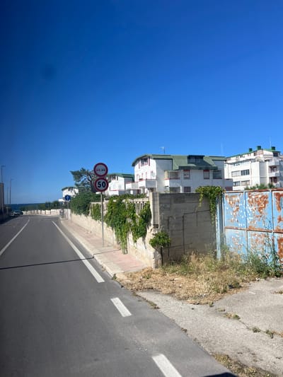 The image captures an outdoor street scene in Bari, Italy, under a clear, bright blue sky. The perspective is slightly elevated, looking down a road that curves gently to the right in the distance.
On the left side of the frame, a row of multi-story residential buildings dominates, primarily white or light-colored, featuring various window styles and balconies. Some buildings have green sloped roofs, while one prominent structure near the center features a large, rusty, blue metal facade facing the street. Green climbing plants adorn a concrete wall that runs along the base of some buildings.
In the foreground, two round traffic signs are clearly visible on the left side, mounted on a pole. One sign displays a red circle with a white background and the number "50" in black, indicating a speed limit of 50 km/h. The other, positioned behind and slightly to the left of the "50" sign, is also a red circle on a white background, showing two red car silhouettes, signifying "No Overtaking."
A narrow, light-colored sidewalk with a low curb runs parallel to the buildings. Adjacent to the sidewalk is a strip of overgrown ground with dry, brown grass and scattered greenery. Further right is an asphalt road with a solid white line marking its left edge and a dashed white line further into the lane. In the distance, more buildings, trees, and street light poles line the road, which appears to lead towards a body of water or horizon, though it is hazy.
The bright sunlight suggests it is midday or early afternoon, casting clear shadows. No people or animals are visible in the scene, which appears quiet and deserted.