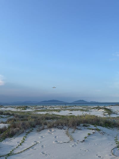 A serene beach scene unfolds under a clear blue sky. White sand dunes, sparsely covered with low-lying green vegetation, stretch across the foreground. Footprints are visible in the sand, suggesting recent human presence. In the middle ground, the calm, blue ocean meets a distant shoreline characterized by rolling, misty mountains. An airplane is captured in mid-flight, traversing the vast expanse of the sky. The scene evokes a sense of tranquility and natural beauty, likely in a coastal area like Bac Cam Ranh Ward, Vietnam, given the characteristic landscape.