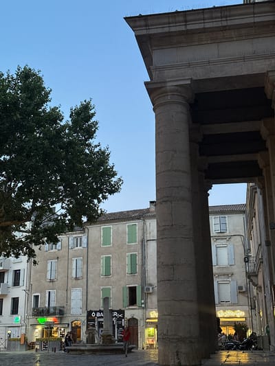 The image depicts a twilight scene in the city of Anduze, France, likely in a town square. A large, stone column and the roofline of a classical building dominate the right side of the frame. To the left, a large, leafy tree partially obscures a row of multi-story buildings with closed shutters. The buildings appear to be shops or residences, with some displaying illuminated signs, including one for "La Nostra Casa" and another for "Ô BARBER". A public fountain is visible in the foreground, with a few people gathered around it. One woman in a red top and patterned pants is walking away from the fountain. The ground is paved with cobblestones, reflecting the ambient light. The sky is a clear, pale blue.