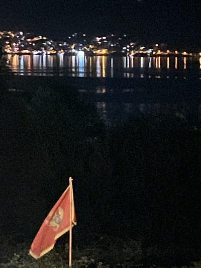 A wide shot taken at night shows a body of water with a town's lights reflecting on its surface. In the foreground, a red flag with a crest is displayed on a pole. The flag is tilted to the left and appears to be made of cloth. The background shows a densely lit town with numerous lights of various colors, including white, yellow, and pink, scattered across a hilly landscape. The reflections of these lights create a shimmering effect on the dark water. The foreground is dark, with some blurry vegetation visible at the bottom. The scene is likely captured from the shoreline of Baošići, Montenegro, given the typical coastal lighting and hilly terrain of the area. There are no people or animals visible in the image.
