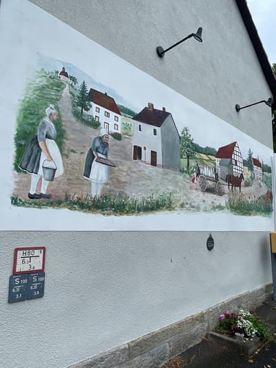 The image depicts a large, horizontal mural painted on the exterior wall of a building in Hauptschwenda, Germany. The mural is a depiction of a rural village scene. In the foreground, two women in historical clothing are shown. One woman on the left carries a metal bucket, and the other on the right holds a tray. Behind them, a path leads up to a village with several houses, one with a red-tiled roof and half-timbered details. Further in the background, a church with a red steeple is visible on a hill. A horse-drawn cart filled with milk cans is also part of the scene.

Below the mural, on the textured gray wall of the building, there are several square and rectangular signs with numbers and symbols, likely indicating utility information. A small, circular plaque is also affixed to the wall above a small flower bed. The building's wall is textured, and a portion of the ground, covered in asphalt and fallen leaves, is visible at the bottom of the frame. Two black outdoor light fixtures are mounted on the wall above the mural.
