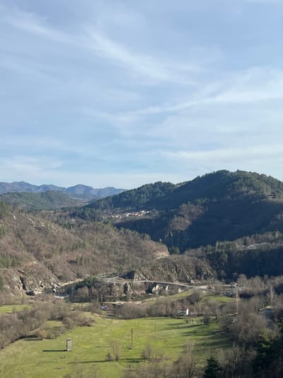 The image depicts a panoramic view of a mountainous valley, situated in the vicinity of Stoianovo, Bulgaria. The upper half of the frame shows a light blue sky with wispy white cirrus clouds, indicative of a clear day.
In the foreground, the lower third of the image is dominated by vibrant green fields, interspersed with scattered bare deciduous trees and their shadows. Two distinct structures are visible in these fields: a dark, rectangular, vertical utility box or small shed, and a taller, slender metal lattice structure, likely an electricity pylon.
The midground features a winding river or large stream, its banks lined with sparse vegetation and rocky outcrops. A prominent stone arch bridge, possessing at least three visible arches, spans this waterway, carrying a paved road that curves sharply on both approaches. Beyond the river and bridge, the terrain rises into hillsides covered predominantly by bare deciduous trees and some evergreen conifers, suggesting late autumn or early spring. A small cluster of houses with reddish roofs, representing the village of Stoianovo, is visible nestled on a distant hillside in the mid-right portion of the midground.
The background consists of multiple layers of progressively darker, forested mountains extending to the horizon. No discernible individuals, specific actions, or interactions are visible within the frame. The overall environment is rural and mountainous, illuminated by natural daylight casting distinct shadows.