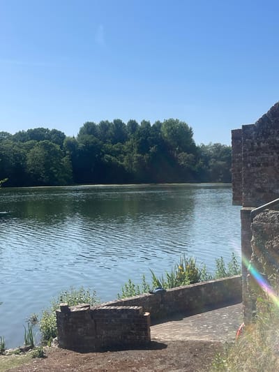 The image depicts a body of water, possibly a lake or river, with a tree line on the opposite shore. The foreground includes brick structures, suggesting a bridge or some sort of built infrastructure. On the right side of the water, vegetation is growing out of the brick structure. The sky is clear and blue. The image may be located in Ashford, United Kingdom. There are no people visible in the image.