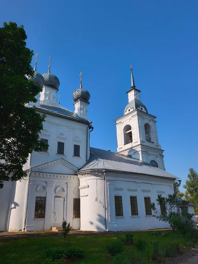 This is a medium-shot, eye-level, outdoor, daytime, vertical, color photograph of the Transfiguration Church in Kady, Russia. The church is whitewashed with grey, sloped roofs. It features multiple domed roofs topped with golden crosses. A taller bell tower, also whitewashed and topped with a golden cross, stands to the right of the main church building. The tower has open arched sections revealing bells and a clock face. The church is surrounded by green grass and some small bushes and trees. A large green tree on the left side of the frame partially obscures the left side of the church. The sky is a clear, bright blue with two distant birds visible. The photograph captures the architectural details of the church and its surroundings under a sunny sky.