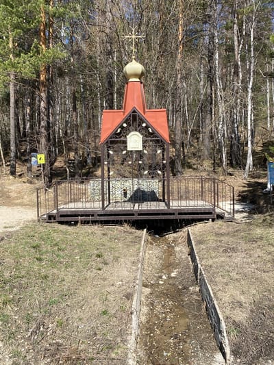 The image shows an above-ground structure over a natural water feature, possibly a spring or stream, in Patrony, Russia. The structure has a pitched, red roof with a golden dome and cross, indicative of religious significance. The structure is enclosed by decorative metalwork, featuring leaf motifs, and a central inscribed plaque. A metal bridge provides access across the water. The surrounding environment is a wooded area with bare trees and dry grass, suggesting early spring. A small yellow sign is visible near the base of the structure.