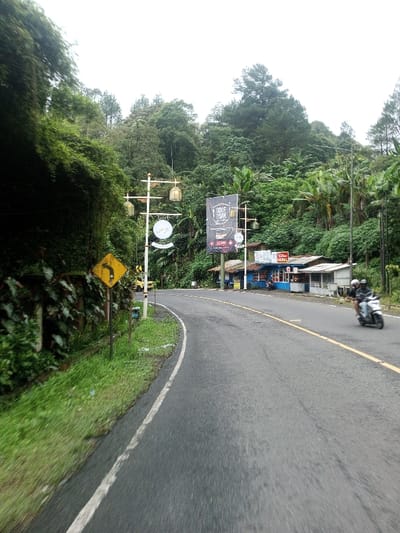 The image captures a curved asphalt road in Deothang, Bhutan, bordered by dense green tropical vegetation under an overcast sky. The road exhibits a solid white line on its left edge and double yellow lines (one solid, one broken) near its center, indicating two lanes. On the left shoulder, a yellow diamond-shaped road sign with a black arrow depicts a winding road. Adjacent to this, a white decorative street lamp post with multiple arms holds several birdcage-style lanterns and a circular white sign featuring Arabic script. Behind the lamp post, a vertical black banner advertises "ROOF PARK" and notes a distance of "3 KM." On the right side of the road, a series of single-story roadside structures are visible, including a blue-painted building with a red roof, followed by a lighter-colored building with a corrugated metal roof. A light-colored scooter carrying two individuals, both wearing helmets, travels away from the viewer on the right side of the road. The background is dominated by a steep, lush green hillside covered in dense trees and foliage.
