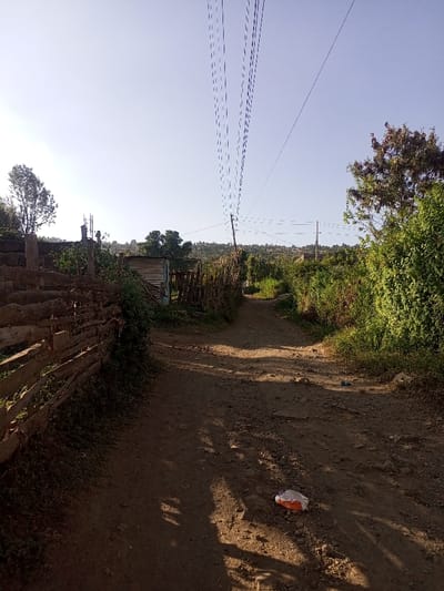 This image captures an unpaved dirt road in Kiamaina ward, Kenya, under a clear, bright sky. The road, showing variations in texture and some scattered small stones, extends from the foreground into the mid-distance, narrowing and curving slightly to the right. Long, distinct shadows are cast across the road surface, originating from the left side of the frame, indicating low-angle sunlight. A discarded white and orange plastic item is visible on the road in the lower right quadrant.

To the left of the road, a rustic wooden fence constructed from horizontal planks and vertical posts runs along the edge, partially covered by green vegetation. Behind this fence, a structure with a corrugated metal roof is visible, accompanied by other obscured buildings and a slender tree with sparse foliage further back. The right side of the road is bordered by dense green bushes and trees.

In the upper portion of the frame, multiple parallel utility lines traverse the sky, appearing to originate from a pole on the left and extend across to the right. A second, more distant utility pole is visible on the right side of the background. The background features rolling hills or elevated terrain dotted with indistinct structures, suggesting a semi-rural landscape. The sky is uniformly light blue, devoid of clouds. No individuals, vehicles, or animals are present in the scene.