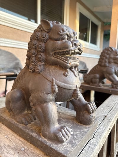 A close-up, low-angle, outdoor shot captures two dark, weathered Foo dog statues on a wooden deck. The foreground statue is a dark brown, intricately carved Foo dog, appearing to be made of stone or concrete. It is positioned facing left, with its mouth open in a snarl, revealing sharp teeth. The statue has a mane of curled hair, a collar with two hanging ornaments, and is resting its paws on a decorative ball. Its right front paw is visible, also resting on a ball. The statue is sitting on a square base, which rests on weathered, gray wooden planks of a deck. Cobwebs are visible on the statue and the wooden planks. In the background, to the right, a second Foo dog statue, similar in style but out of focus and partially obscured, is visible. Behind the statues, a building with beige siding and a white-trimmed window can be seen. The overall impression is one of an aged, decorative garden feature. The location of this scene is the city of Fremont, United States of America.