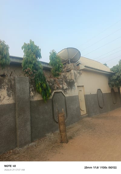 A weathered concrete wall with decorative insets fronts a tan building with a satellite dish on the roof. Barbed wire tops the wall. Tall, slender trees are planted along the wall. A woven basket stands near the base of the wall on a sandy ground. Sky is visible above the building. Text overlays at the bottom detail camera settings and a future date.