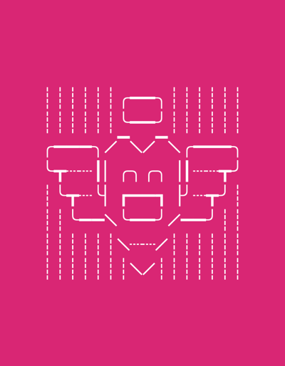 The image is a minimalist graphic of a robot or character created using white lines against a bright pink background. The robot has a rectangular head with rounded corners, and two eyes represented by U-shapes. It has a wide, smiling mouth formed by two connected horizontal lines and a downward-pointing V-shape. The robot's body is depicted with angular lines, forming shoulders and what appear to be arms or wings. The entire figure is surrounded by vertical dashed lines, suggesting a digital or schematic representation. The graphic does not depict any identifiable city or location.