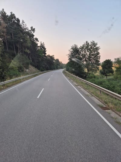 The image depicts a two-lane asphalt road in a rural setting, likely on the outskirts of Siegenburg, Germany. The road curves gently to the left, bordered by a metal guardrail on both sides. Dense trees and foliage line the left side of the road, forming a hillside. The right side of the road also features greenery and scattered trees, with a glimpse of a field in the distance. The sky is a pale gradient of blue and pink, suggesting either early morning or late evening. There are no visible people or vehicles in the frame. The overall impression is one of a quiet, scenic drive.
