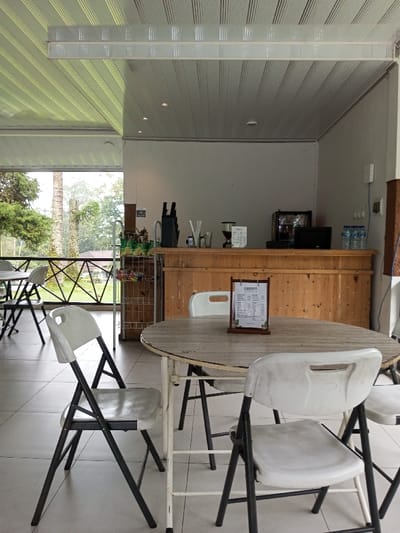 This image depicts an unoccupied indoor dining or cafe area, identified as being in Pachmarhi, India, with a view overlooking an outdoor natural landscape. The interior features a light-colored tiled floor and a ceiling segmented into two sections: one with light green horizontal stripes and another with white stripes, both equipped with recessed light fixtures. A prominent linear light fixture spans the ceiling horizontally. The walls are plain and light-toned.

In the foreground, a round table with a light wooden top and a white metal base is centrally positioned. It is surrounded by several white plastic folding chairs with dark metal frames. A wooden menu stand displaying the text "CIEBBS / LA CAFETARIA" is placed on this table. To the left, a partial view of another similar table and chairs is visible, situated near a black metal railing with a decorative crisscross pattern.

Beyond the railing, a lush outdoor environment is visible, dominated by green trees, including a tall tree with a textured trunk resembling a palm. In the distant background, a structure with a red roof can be seen amidst the foliage.

In the mid-ground, a light brown wooden counter extends across the scene, functioning as a service or beverage preparation area. Items observed on the counter include a coffee machine, a grinder, a small black display screen, multiple bottles of packaged drinking water, and various containers holding straws or other utensils. To the left of the counter, a white wire shelving unit holds assorted packaged goods. No individuals are present within the scene.