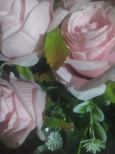 The image shows a close-up of several artificial pink roses with green leaves. The roses have layered petals and some of the edges appear frayed. The lighting is dim, creating shadows and highlighting the textures of the fabric flowers. There are also some small, white, star-shaped decorative elements visible. The background is dark and out of focus, with hints of darker green foliage. No specific location in Urtaaul, Uzbekistan is identifiable from the image.