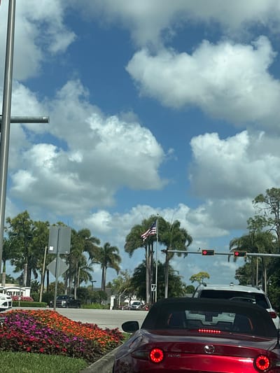 The image captures a daytime scene at the entrance to the Brookside community in East Naples, Florida, United States. In the immediate foreground, the rear of a red Mazda MX-5 Miata convertible is visible, with its soft top down and circular taillights illuminated. This vehicle is positioned behind a landscaped island containing numerous red, orange, and pink flowering plants. Ahead of the Mazda, a white SUV is also stationary. To the left, a white monument sign with "BROOKSIDE" inscribed in black letters is visible among the foliage. A tall flagpole, prominently displaying a flowing American flag, stands centered behind the traffic intersection, flanked by numerous tall palm trees. Overhead, two traffic light fixtures display illuminated red signals. A white sign with a black right-turn arrow is mounted near the traffic lights. The sky is bright blue with scattered white cumulus clouds. Additional vehicles and light-colored buildings are partially visible in the background, set amidst dense tropical vegetation characteristic of the region. No individuals are visible.