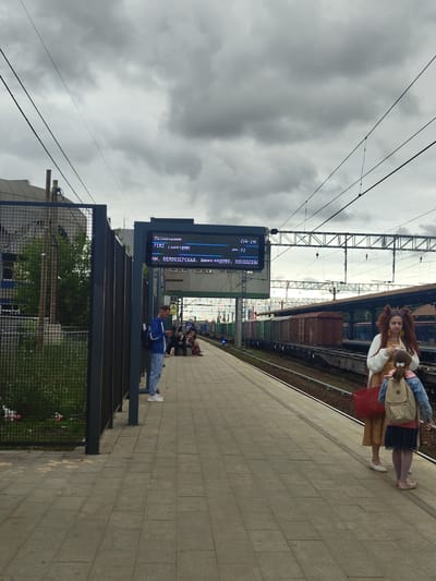 This is a photograph taken from a train station platform in Ramenskoye, Russia. The scene is viewed from a slightly low angle, looking down the platform towards a train. The sky is overcast with dark, heavy clouds.

In the foreground, on the paved platform, a man in a blue jacket and light-colored jeans stands looking at his phone. To the right, a woman with distinctively styled, voluminous reddish-brown hair and a young girl are standing. The woman is wearing a light-colored cardigan over a patterned dress and holding a red woven bag. The girl, facing away from the camera, is wearing a denim jacket and has a backpack.

To the left of the platform, there is a dark metal fence with overgrown green vegetation visible behind it. Further down the platform, other people are seated or standing, waiting. A large digital display board is mounted on a pole, showing train schedule information in Russian. The text on the board indicates destinations and times.

Beyond the platform and the people, a long freight train composed of various types of railcars is parked on the tracks. In the background, structures associated with a train station and industrial buildings can be seen. Overhead, numerous electrical wires and supporting structures for the railway are visible against the cloudy sky. The overall atmosphere appears somewhat subdued due to the weather.