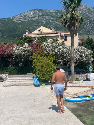 The image depicts a sunny day in Risan, Montenegro. In the foreground, a man wearing light blue shorts and a green hat walks away from the camera on a concrete path bordering the water. To his right, a blue and yellow stand-up paddleboard is partially submerged in the clear water. Behind him, a row of blooming pink and white oleander bushes and green trees are visible, with a light yellow building situated behind them. A palm tree stands tall to the right of the building. In the background, a large, tree-covered mountain dominates the landscape under a clear blue sky. A dark-colored car is parked behind the oleander bushes.