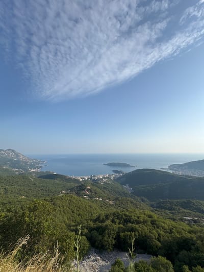 The image captures a panoramic view of a coastal landscape, likely from an elevated vantage point. In the foreground, the scene is dominated by lush green trees and vegetation, with dry grasses and rocky terrain visible at the very bottom. Beyond the immediate foliage, rolling hills covered in dense forest descend towards the sea. The sea itself is a vast expanse of blue, stretching to the horizon under a clear sky with scattered white clouds. Along the coastline, a town or city is nestled, characterized by numerous buildings and structures. In the distance, a prominent island or peninsula juts out into the water, connected to the mainland by a narrow strip of land or appearing as a distinct landmass. The overall impression is one of a scenic, natural environment juxtaposed with a developed coastal settlement. This view aligns with the location of Brajici, Montenegro, which is known for its elevated position overlooking the Adriatic Sea and coastal towns like Budva.