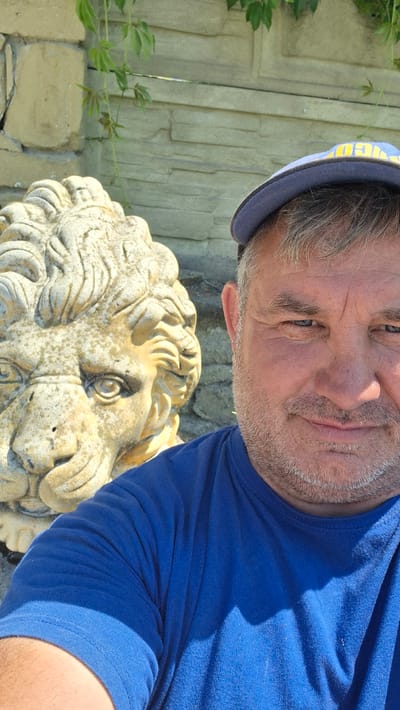 The image is a selfie taken outdoors during the daytime, likely a sunny day given the strong shadows. The subject is a middle-aged man with grey hair, wearing a blue t-shirt and a blue and yellow baseball cap. He is looking towards the camera with a neutral expression. The man is positioned in the foreground, with the lower half of his face and upper chest visible.
In the background, there is a stone wall made of light-colored, rough-hewn blocks. To the left of the man, some green foliage is visible, suggesting a garden or outdoor setting. Partially visible in the lower part of the image is a stone sculpture of a lion's head, which appears weathered and has a yellowish hue, possibly due to age or material. The lion's mane is intricately carved.
The overall scene suggests a casual outdoor environment. There are no obvious clues about a specific event taking place, beyond the act of taking a selfie. The lighting and shadows indicate it is likely midday. The location context provided is Hîncești, Moldova. No text is clearly visible in the image.