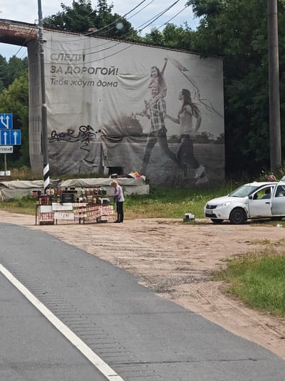 An outdoor, roadside scene in the village of Едрово, Russia, features a large advertising banner depicting a family flying a kite, with the text "СЛЕДИ ЗА ДОРОГОЙ! ТЕБЯ ЖДУТ ДОМА" ("Watch the road! They are waiting for you at home"). Below the banner, a woman stands behind a table laden with jars of preserved goods, likely food items like pickles and jams, and possibly dried mushrooms, for sale. A white car with a damaged door is parked to the right of the vendor's stall, and traffic signs are visible in the background. The environment is rural, with trees and vegetation surrounding the area. The ground is a mix of dirt and gravel.