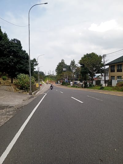 The image depicts a two-lane asphalt road in Ciloto, Indonesia, under an overcast sky. The perspective is low, looking forward along the road.
In the immediate foreground, the left edge of the road is marked by a solid white line, adjacent to a concrete curb and a narrow paved shoulder. Further left, an elevated, tree-covered embankment with dense green foliage rises. A tall, grey metal street lamp with a curved arm extends over the road from the left.
The road features a dashed white line indicating the separation of traffic lanes. A single individual on a dark-colored motorcycle, wearing a dark helmet and clothing, is visible in the center-left lane, moving away from the viewer. Further down the road, additional vehicles, including cars and motorcycles, are observed, indicating ongoing traffic.
On the right side of the road, yellow diagonal striped markings are present, bordering a paved area. A prominent two-story building with a light-colored facade and a dark green sloped roof stands in the mid-ground, partially obscured by trees and shrubs. Utility poles and lines are visible on this side.
The background shows more hilly terrain with scattered trees and indications of construction or development. Various indistinct signs are present along both sides of the road.