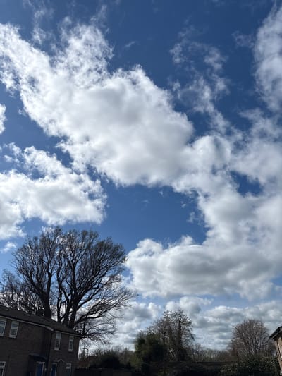 The image shows a partly cloudy sky in Minsterley, United Kingdom. Fluffy white clouds are scattered across a deep blue sky. In the bottom right corner, a bare tree stands in front of a brick building. Other trees and vegetation are visible along the top edge of the building.