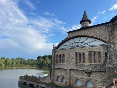 A multi-story stone building with a conical tower stands on the bank of a body of water. The building's facade is constructed from rough-hewn stones of varying sizes and colors. The structure features several arched windows on the lower levels and a large arched window with a segmented glass design on the upper level. A small, dark statue of an animal, possibly a wolf or dog, is perched on the roofline above the large window. The conical tower has a dark, shingled roof and a small, round window. The building is situated in a natural environment with lush green trees and reeds lining the opposite bank of the water. The sky above is a vibrant blue with scattered white clouds. A person is partially visible on the right side of the image, standing on a stone ledge and holding a yellow object. The scene is set in Colibași, Moldova.