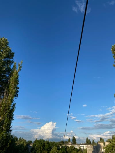 The image displays a clear, vibrant blue sky with scattered white clouds. A dark, thin wire runs diagonally across the frame from the top left to the bottom right, dividing the sky. In the lower part of the image, the tops of lush green trees are visible, some branches reaching upwards. On the right side, extending from the middle to the top, is a view of buildings and more trees. The buildings appear to be apartment blocks, some with multiple windows and distinct architectural features. The overall scene suggests an outdoor environment, possibly a park or residential area. The bright sky and clear visibility indicate it is daytime, likely late afternoon or early evening given the angle of the light and the presence of distinct clouds. The presence of trees and buildings suggests an urban or suburban setting. No people are visible in the image, and no text is present. The image appears to be taken in Shostka, Ukraine.