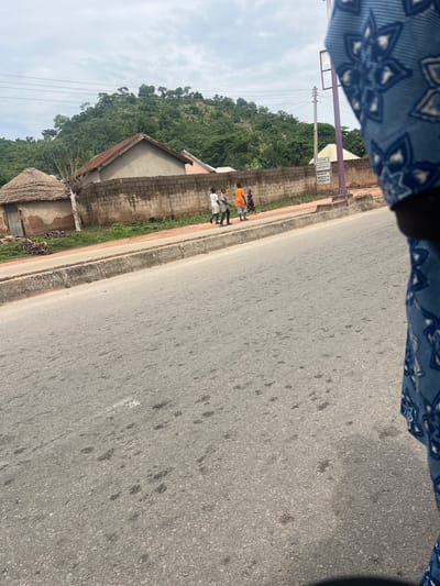 This is a photograph taken at ground level, likely in Minda, Nigeria. The image is oriented such that the road occupies the majority of the right side, stretching diagonally from the top right corner towards the bottom left. The road surface is asphalt and appears worn, with scattered dark spots and some faint white markings.
Along the left edge of the road, there is a paved sidewalk, bordered by a low brick wall. Beyond the wall, a densely vegetated hillside rises, covered in green trees and foliage. The sky above is overcast and light.
Several people are visible standing on the sidewalk near the brick wall, in the middle ground of the image. One person is wearing an orange garment. Other figures are in checkered or light-colored clothing. The activity appears to be casual standing or waiting.
In the foreground on the left, part of a building with a thatched roof is visible, as well as some construction debris. Further back, behind the brick wall, are more buildings with sloped, metallic roofs. A purple pole with electrical wires attached stands near the brick wall. A white sign with black text is affixed to the purple pole, but the text is too small to be legible.
The overall impression is a daytime scene in a semi-urban or rural area, possibly a roadside in Nigeria, with everyday life unfolding. The lighting suggests it is daytime, but the overcast sky softens the light.