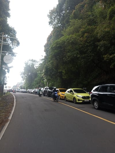 A street scene shows a line of parked cars along the side of a road, with motorcycles weaving through the traffic. The cars are various colors, including yellow, black, and silver. There are also people on motorcycles. On the left of the road, there is a sidewalk and a lamppost with Arabic script on a sign. Dense greenery lines the other side of the road. The scene appears to be on a road near Al-Aziz restaurant in Mae Chan District, Thailand.