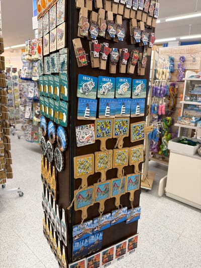 The image depicts a retail store display, likely a souvenir shop, in Sant Antoni De Portmany, Spain. The primary focus is a tall, dark brown, multi-sided display rack filled with various novelty items. These include magnets, keychains, and bottle openers, many featuring "Ibiza" branding and imagery such as lighthouses, beaches, and stylized designs. The items are arranged in rows and columns, attached with clothespins or hooks.

To the left of the main display, shelves and racks are visible, stocked with more merchandise, including what appear to be boxes of souvenirs and other colorful items. In the background, other parts of the store are visible, with aisles, displays of various products, and lighting fixtures. The floor is a light-colored tiled surface. No people are present in the immediate vicinity of the display. The overall impression is a well-stocked shop aimed at tourists.
