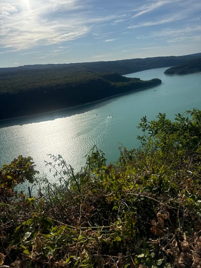 This is an aerial, eye-level, long shot of a scenic landscape featuring a wide, turquoise body of water bordered by densely forested hills. The sun is high in the sky, casting a bright glare on the water's surface, creating a shimmering effect. A small boat is visible in the water, leaving a wake behind it. In the foreground, there are thick, dry branches and green foliage from bushes and trees, suggesting a vantage point from a cliff or elevated area overlooking the scene. The sky is a clear blue with wispy white clouds. The location is the Vouglans Lake, near Moirans-en-Montagne, France.
